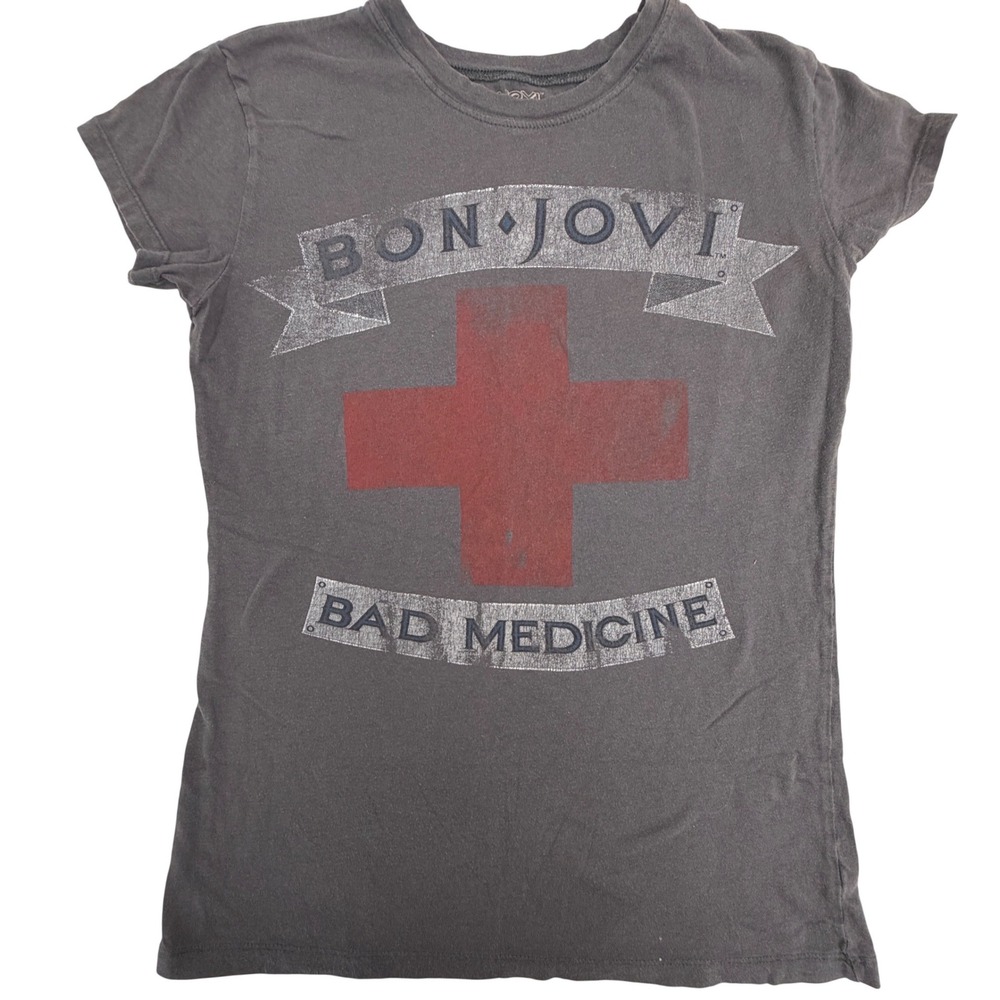 Bon Jovi Bad Medicine Graphic Tee Charcoal Gray Cotton Rock Band Shirt Womens L